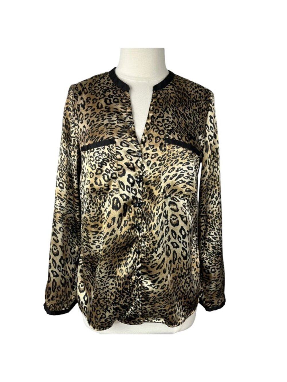Kasper Leopard Print‎ Blouse Button Front Medium Gold Black Shiny